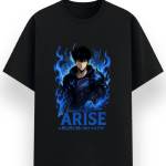Unisex black t-shirt featuring Sung Jinwoo from Solo Leveling in a bold anime-style print, perfect for anime fans.