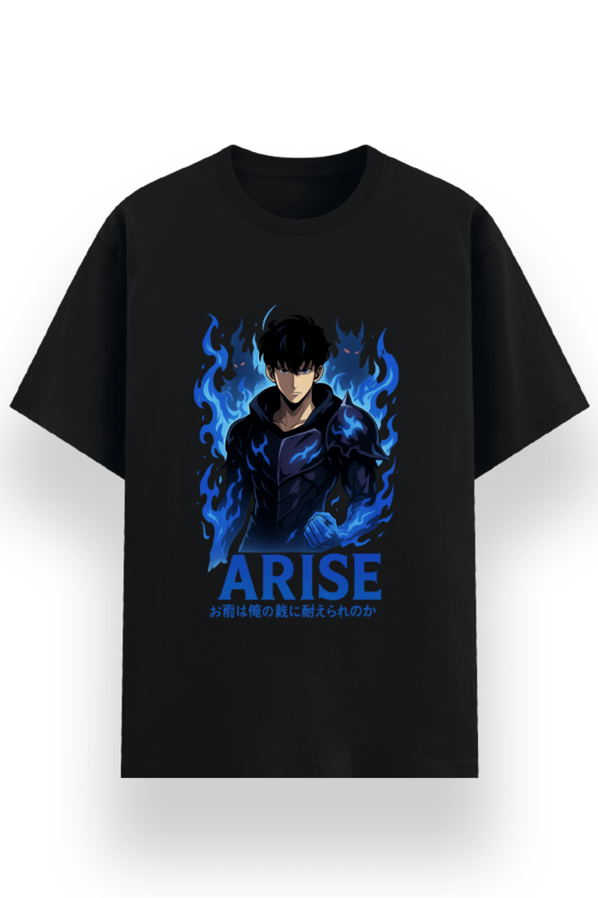 Unisex black t-shirt featuring Sung Jinwoo from Solo Leveling in a bold anime-style print, perfect for anime fans.