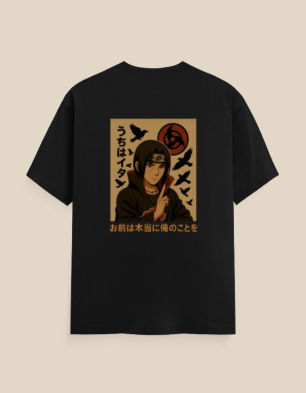 Unisex classic crew t-shirt featuring Itachi Uchiha in Akatsuki cloak with Sharingan and crow design, from Naruto anime.