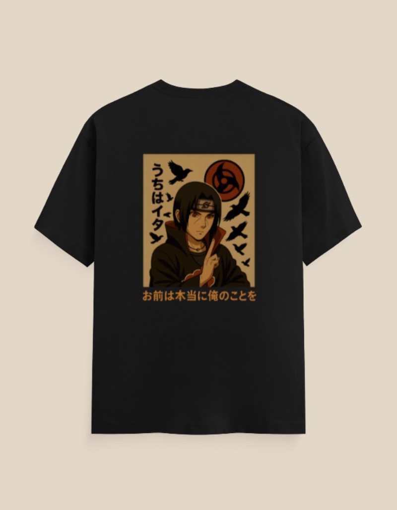 Unisex classic crew t-shirt featuring Itachi Uchiha in Akatsuki cloak with Sharingan and crow design, from Naruto anime.