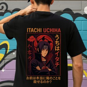 Unisex classic crew t-shirt featuring Itachi Uchiha in Akatsuki cloak with Sharingan and crow design, from Naruto anime.