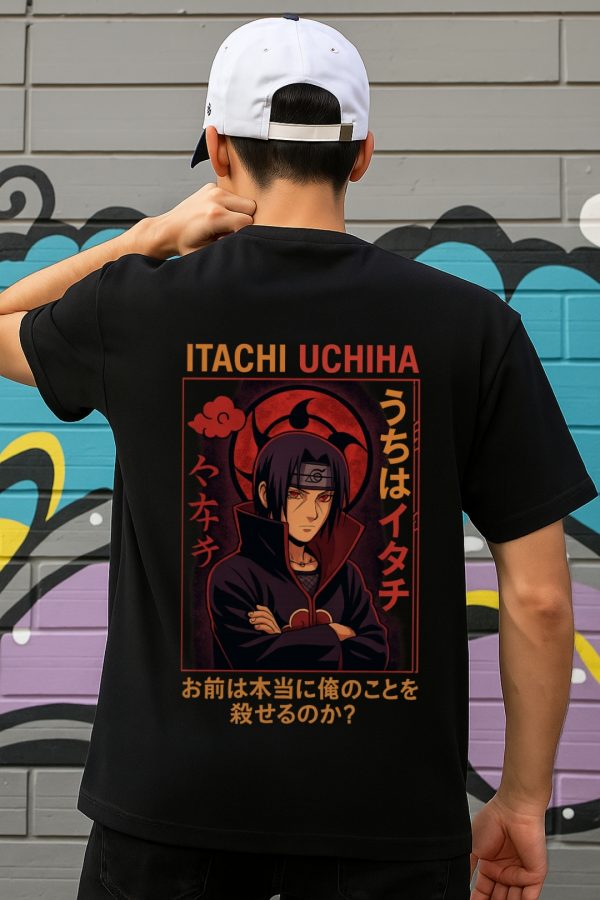Unisex classic crew t-shirt featuring Itachi Uchiha in Akatsuki cloak with Sharingan and crow design, from Naruto anime.