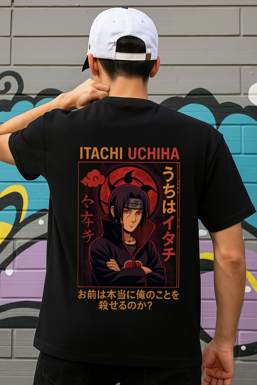 Unisex classic crew t-shirt featuring Itachi Uchiha in Akatsuki cloak with Sharingan and crow design, from Naruto anime.