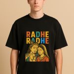 Radha Krishna Oversized T-Shirt design showing Lord Krishna and Radha in divine posture, printed on premium cotton fabric.