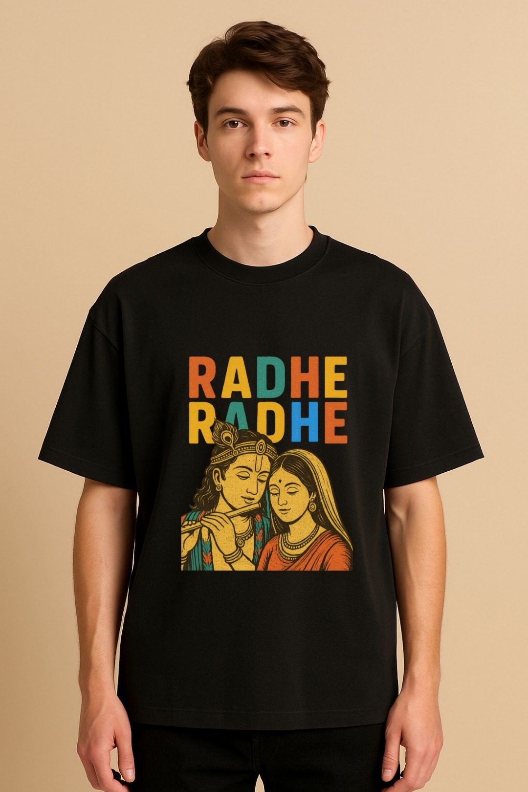 Radha Krishna Oversized T-Shirt design showing Lord Krishna and Radha in divine posture, printed on premium cotton fabric.