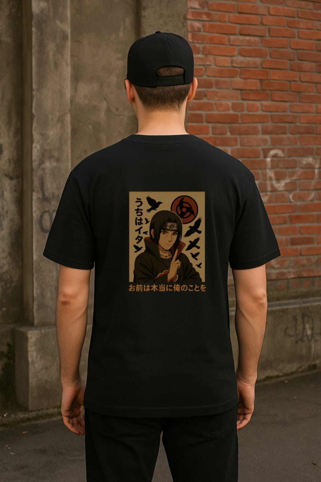Unisex classic crew t-shirt featuring Itachi Uchiha in Akatsuki cloak with Sharingan and crow design, from Naruto anime.