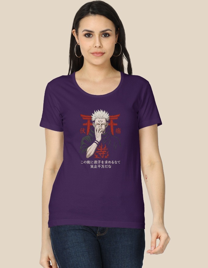 Purple Female Classic Crew T-Shirt with Sukuna Jujutsu Kaisen Design – Aradhya Official
