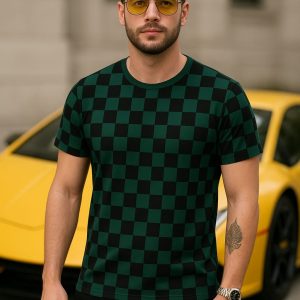 AOP T-Shirt Tanjiro Design – Fade-proof green-and-black checkered anime shirt by Aradhya Official