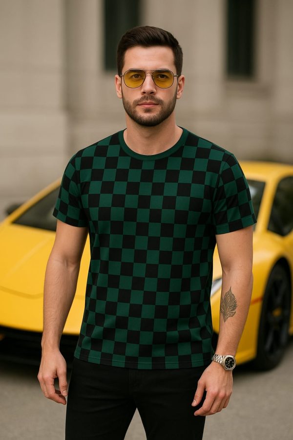 AOP T-Shirt Tanjiro Design – Fade-proof green-and-black checkered anime shirt by Aradhya Official